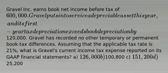 Gravel Inc. earns book net income before tax of 600,000. Gravel puts into service a depreciable asset this year, and its first-year tax depreciation exceeds book depreciation by120,000. Gravel has recorded no other temporary or permanent book-tax differences. Assuming that the applicable tax rate is 21%, what is Gravel's current income tax expense reported on its GAAP <a href='https://www.questionai.com/knowledge/kFBJaQCz4b-financial-statements' class='anchor-knowledge'>financial statements</a>? a) 126,000 b)100,800 c) 151,200 d)25,200