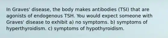 In Graves' disease, the body makes antibodies (TSI) that are agonists of endogenous TSH. You would expect someone with Graves' disease to exhibit a) no symptoms. b) symptoms of hyperthyroidism. c) symptoms of hypothyroidism.