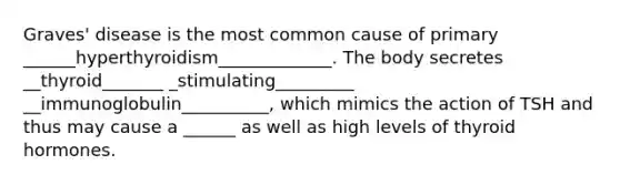 Graves' disease is the most common cause of primary ______hyperthyroidism_____________. The body secretes __thyroid_______ _stimulating_________ __immunoglobulin__________, which mimics the action of TSH and thus may cause a ______ as well as high levels of thyroid hormones.