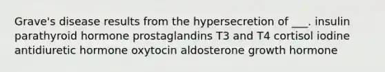 Grave's disease results from the hypersecretion of ___. insulin parathyroid hormone prostaglandins T3 and T4 cortisol iodine antidiuretic hormone oxytocin aldosterone growth hormone