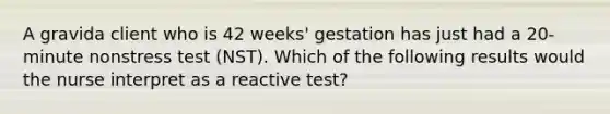 A gravida client who is 42 weeks' gestation has just had a 20-minute nonstress test (NST). Which of the following results would the nurse interpret as a reactive test?