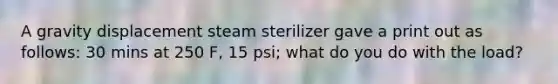 A gravity displacement steam sterilizer gave a print out as follows: 30 mins at 250 F, 15 psi; what do you do with the load?