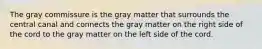 The gray commissure is the gray matter that surrounds the central canal and connects the gray matter on the right side of the cord to the gray matter on the left side of the cord.