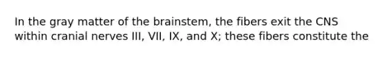 In the gray matter of the brainstem, the fibers exit the CNS within cranial nerves III, VII, IX, and X; these fibers constitute the