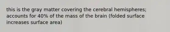 this is the gray matter covering the cerebral hemispheres; accounts for 40% of the mass of the brain (folded surface increases surface area)