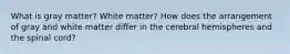 What is gray matter? White matter? How does the arrangement of gray and white matter differ in the cerebral hemispheres and the spinal cord?