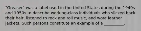 "Greaser" was a label used in the United States during the 1940s and 1950s to describe working-class individuals who slicked back their hair, listened to rock and roll music, and wore leather jackets. Such persons constitute an example of a __________.