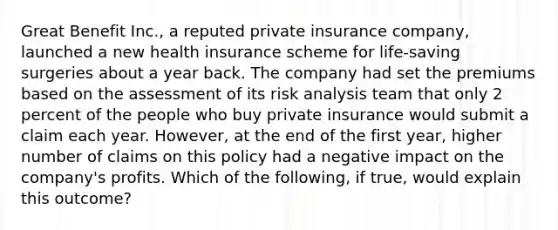 Great Benefit​ Inc., a reputed private insurance​ company, launched a new health insurance scheme for​ life-saving surgeries about a year back. The company had set the premiums based on the assessment of its risk analysis team that only 2 percent of the people who buy private insurance would submit a claim each year.​ However, at the end of the first​ year, higher number of claims on this policy had a negative impact on the​ company's profits. Which of the​ following, if​ true, would explain this​ outcome?