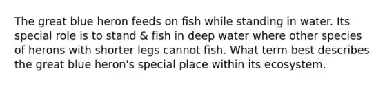 The great blue heron feeds on fish while standing in water. Its special role is to stand & fish in deep water where other species of herons with shorter legs cannot fish. What term best describes the great blue heron's special place within its ecosystem.