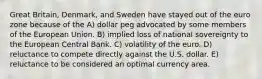 Great Britain, Denmark, and Sweden have stayed out of the euro zone because of the A) dollar peg advocated by some members of the European Union. B) implied loss of national sovereignty to the European Central Bank. C) volatility of the euro. D) reluctance to compete directly against the U.S. dollar. E) reluctance to be considered an optimal currency area.