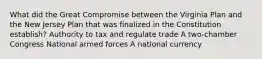 What did the Great Compromise between the Virginia Plan and the New Jersey Plan that was finalized in the Constitution establish? Authority to tax and regulate trade A two-chamber Congress National armed forces A national currency