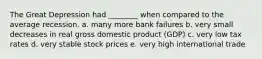 The Great Depression had ________ when compared to the average recession. a. many more bank failures b. very small decreases in real gross domestic product (GDP) c. very low tax rates d. very stable stock prices e. very high international trade