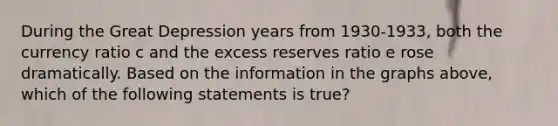 During the Great Depression years from​ 1930-1933, both the currency ratio c and the excess reserves ratio e rose dramatically. Based on the information in the graphs​ above, which of the following statements is​ true?