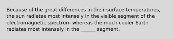 Because of the great differences in their <a href='https://www.questionai.com/knowledge/kkV3ggZUFU-surface-temperature' class='anchor-knowledge'>surface temperature</a>s, the sun radiates most intensely in the visible segment of the electromagnetic spectrum whereas the much cooler Earth radiates most intensely in the ______ segment.