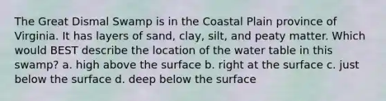 The Great Dismal Swamp is in the Coastal Plain province of Virginia. It has layers of sand, clay, silt, and peaty matter. Which would BEST describe the location of <a href='https://www.questionai.com/knowledge/kra6qgcwqy-the-water-table' class='anchor-knowledge'>the water table</a> in this swamp? a. high above the surface b. right at the surface c. just below the surface d. deep below the surface