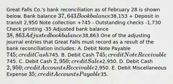 Great Falls Co.'s bank reconciliation as of February 28 is shown below. Bank balance 37,643 Book balance38,153 + Deposit in transit 2,950 Note collection +745 - Outstanding checks -1,730 Check printing -35 Adjusted bank balance 38,863 Adjusted book balance38,863 One of the adjusting journal entries that Great Falls must record as a result of the bank reconciliation includes: A. Debit Note Payable 745; credit Cash745. B. Debit Cash 745; credit Note Receivable745. C. Debit Cash 2,950; credit Sales2,950. D. Debit Cash 2,950; credit Accounts Receivable2,950. E. Debit Miscellaneous Expense 35; credit Accounts Payable35.