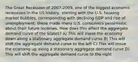 The Great Recession of 2007-2009, one of the biggest economic recessions in the US history, starting with the U.S. housing market bubbles, corresponding with declining GDP and rise of unemployment; these made many U.S. consumers pessimistic about their future incomes. How does this affect the aggregate demand curve of the States? A) This will move the economy down along a stationary aggregate demand curve B) This will shift the aggregate demand curve to the left C) This will move the economy up along a stationary aggregate demand curve D) This will shift the aggregate demand curve to the right