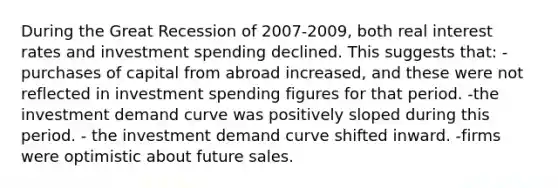 During the Great Recession of 2007-2009, both real interest rates and investment spending declined. This suggests that: -purchases of capital from abroad increased, and these were not reflected in investment spending figures for that period. -the investment demand curve was positively sloped during this period. - the investment demand curve shifted inward. -firms were optimistic about future sales.