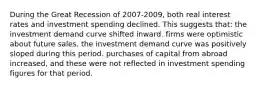 During the Great Recession of 2007-2009, both real interest rates and investment spending declined. This suggests that: the investment demand curve shifted inward. firms were optimistic about future sales. the investment demand curve was positively sloped during this period. purchases of capital from abroad increased, and these were not reflected in investment spending figures for that period.