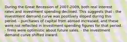 During the Great Recession of 2007-2009, both real interest rates and investment spending declined. This suggests that - the investment demand curve was positively sloped during this period. - purchases of capital from abroad increased, and these were not reflected in investment spending figures for that period. - firms were optimistic about future sales. - the investment demand curve shifted inward.