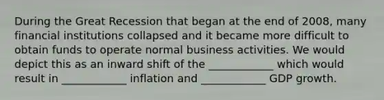 During the Great Recession that began at the end of 2008, many financial institutions collapsed and it became more difficult to obtain funds to operate normal business activities. We would depict this as an inward shift of the ____________ which would result in ____________ inflation and ____________ GDP growth.