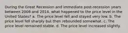 During the Great Recession and immediate post-recession years between 2008 and 2014, what happened to the price level in the United States? a. The price level fell and stayed very low. b. The price level fell sharply but then rebounded somewhat. c. The price level remained stable. d. The price level increased slightly.