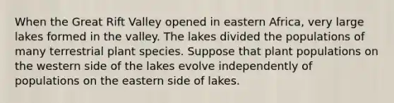 When the Great Rift Valley opened in eastern Africa, very large lakes formed in the valley. The lakes divided the populations of many terrestrial plant species. Suppose that plant populations on the western side of the lakes evolve independently of populations on the eastern side of lakes.