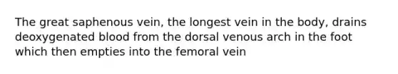 The great saphenous vein, the longest vein in the body, drains deoxygenated blood from the dorsal venous arch in the foot which then empties into the femoral vein