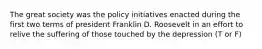 The great society was the policy initiatives enacted during the first two terms of president Franklin D. Roosevelt in an effort to relive the suffering of those touched by the depression (T or F)