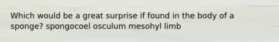 Which would be a great surprise if found in the body of a sponge? spongocoel osculum mesohyl limb