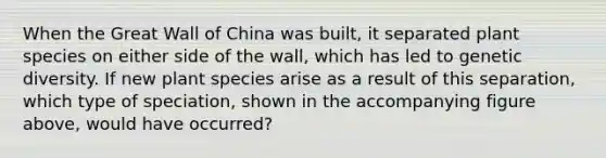 When the Great Wall of China was built, it separated plant species on either side of the wall, which has led to genetic diversity. If new plant species arise as a result of this separation, which type of speciation, shown in the accompanying figure above, would have occurred?