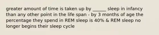 greater amount of time is taken up by ______ sleep in infancy than any other point in the life span - by 3 months of age the percentage they spend in REM sleep is 40% & REM sleep no longer begins their sleep cycle