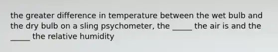 the greater difference in temperature between the wet bulb and the dry bulb on a sling psychometer, the _____ the air is and the _____ the relative humidity