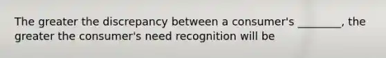 The greater the discrepancy between a consumer's ________, the greater the consumer's need recognition will be