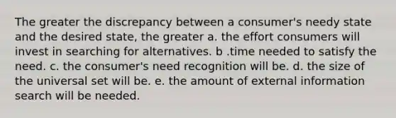 The greater the discrepancy between a consumer's needy state and the desired state, the greater a. the effort consumers will invest in searching for alternatives. b .time needed to satisfy the need. c. the consumer's need recognition will be. d. the size of the universal set will be. e. the amount of external information search will be needed.