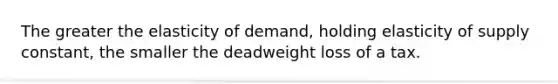 The greater the elasticity of demand, holding elasticity of supply constant, the smaller the deadweight loss of a tax.