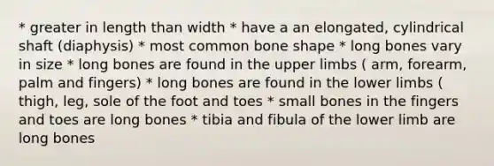 * greater in length than width * have a an elongated, cylindrical shaft (diaphysis) * most common bone shape * long bones vary in size * long bones are found in the upper limbs ( arm, forearm, palm and fingers) * long bones are found in the lower limbs ( thigh, leg, sole of the foot and toes * small bones in the fingers and toes are long bones * tibia and fibula of the lower limb are long bones