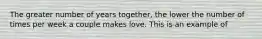 The greater number of years together, the lower the number of times per week a couple makes love. This is an example of