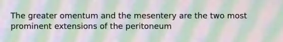 The greater omentum and the mesentery are the two most prominent extensions of the peritoneum