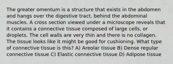 The greater omentum is a structure that exists in the abdomen and hangs over the digestive tract, behind the abdominal muscles. A cross section viewed under a microscope reveals that it contains a connective tissue composed of large cells, or droplets. The cell walls are very thin and there is no collagen. The tissue looks like it might be good for cushioning. What type of connective tissue is this? A) Areolar tissue B) Dense regular connective tissue C) Elastic connective tissue D) Adipose tissue