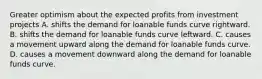 Greater optimism about the expected profits from investment projects A. shifts the demand for loanable funds curve rightward. B. shifts the demand for loanable funds curve leftward. C. causes a movement upward along the demand for loanable funds curve. D. causes a movement downward along the demand for loanable funds curve.