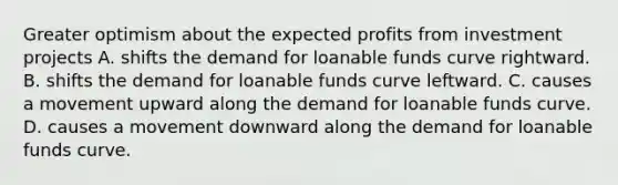 Greater optimism about the expected profits from investment projects A. shifts the demand for loanable funds curve rightward. B. shifts the demand for loanable funds curve leftward. C. causes a movement upward along the demand for loanable funds curve. D. causes a movement downward along the demand for loanable funds curve.