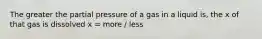 The greater the partial pressure of a gas in a liquid is, the x of that gas is dissolved x = more / less