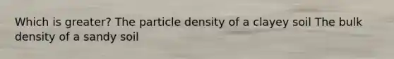 Which is greater? The particle density of a clayey soil The bulk density of a sandy soil