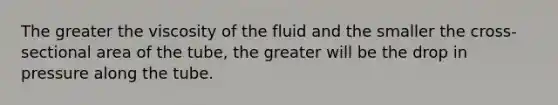 The greater the viscosity of the fluid and the smaller the cross-sectional area of the tube, the greater will be the drop in pressure along the tube.