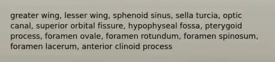 greater wing, lesser wing, sphenoid sinus, sella turcia, optic canal, superior orbital fissure, hypophyseal fossa, pterygoid process, foramen ovale, foramen rotundum, foramen spinosum, foramen lacerum, anterior clinoid process