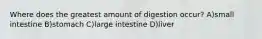 Where does the greatest amount of digestion occur? A)small intestine B)stomach C)large intestine D)liver