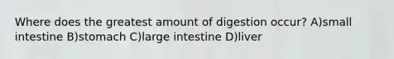 Where does the greatest amount of digestion occur? A)small intestine B)stomach C)large intestine D)liver