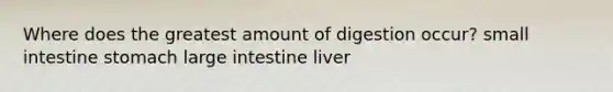 Where does the greatest amount of digestion occur? small intestine stomach large intestine liver