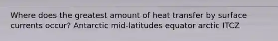 Where does the greatest amount of heat transfer by surface currents occur? Antarctic mid-latitudes equator arctic ITCZ